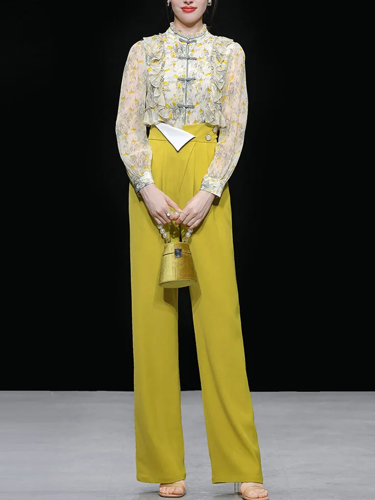 2PS Yellow Ruffles Collar Floral Print Shirt And Pant Suit