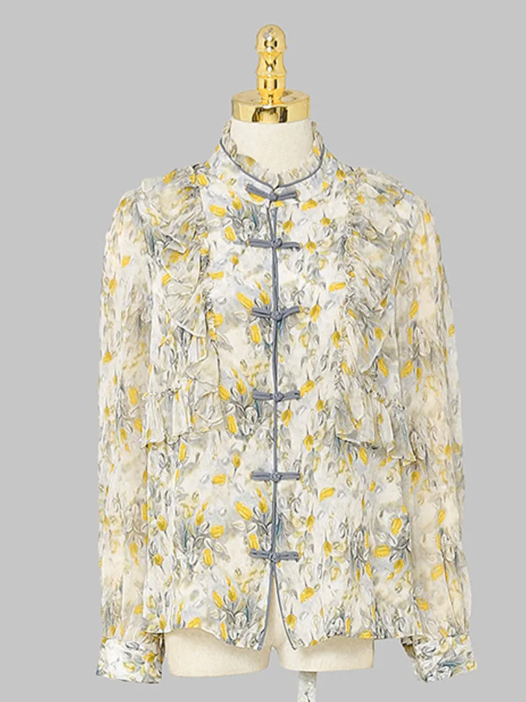 2PS Yellow Ruffles Collar Floral Print Shirt And Pant Suit