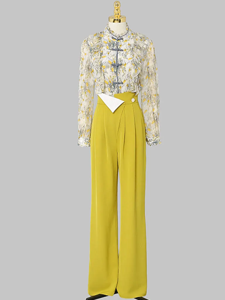 2PS Yellow Ruffles Collar Floral Print Shirt And Pant Suit