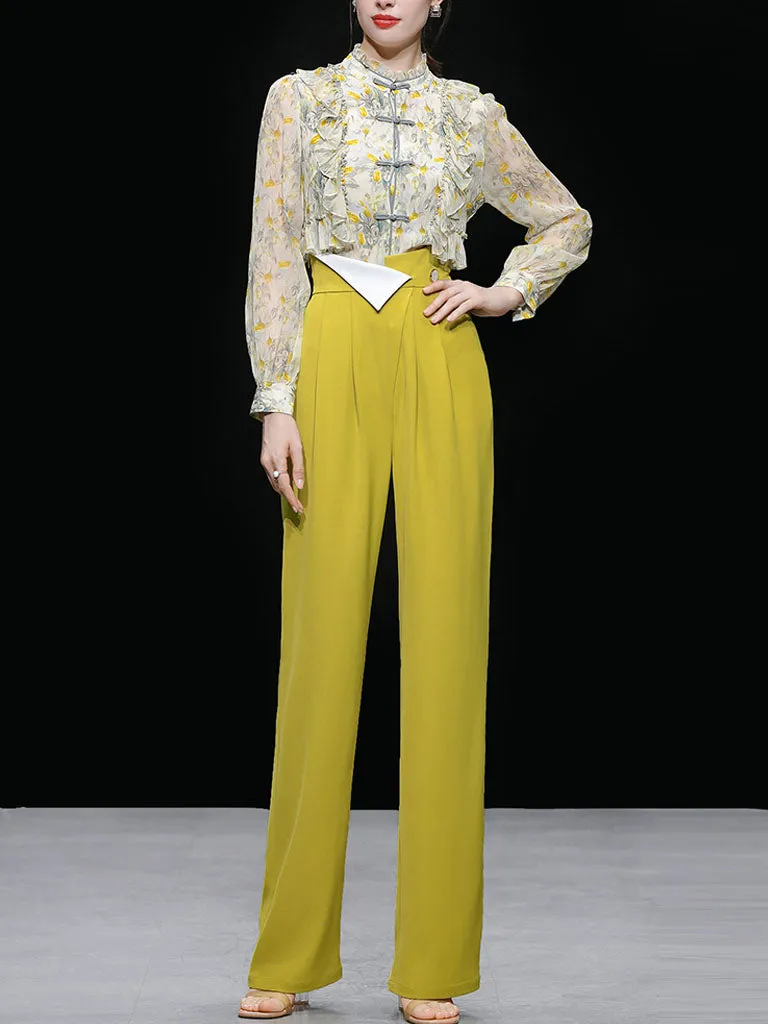 2PS Yellow Ruffles Collar Floral Print Shirt And Pant Suit