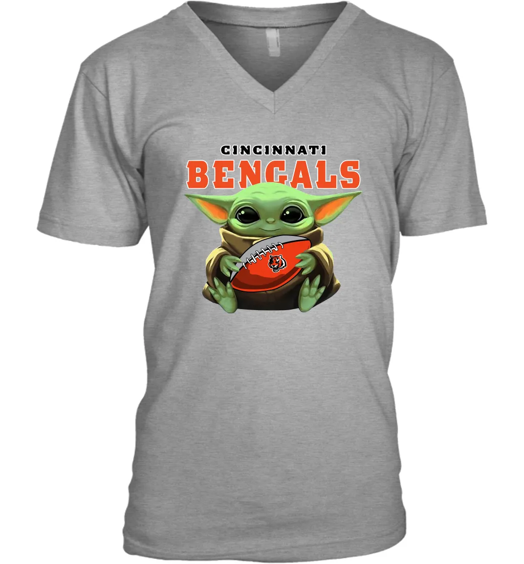 Baby Yoda Loves The Cincinnati Bengals Star Wars Baby Yoda Hugs Bengals NFL Mens V-Neck T-Shirt