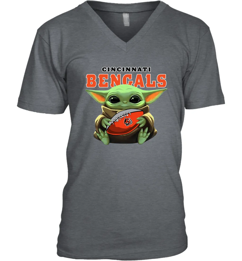 Baby Yoda Loves The Cincinnati Bengals Star Wars Baby Yoda Hugs Bengals NFL Mens V-Neck T-Shirt