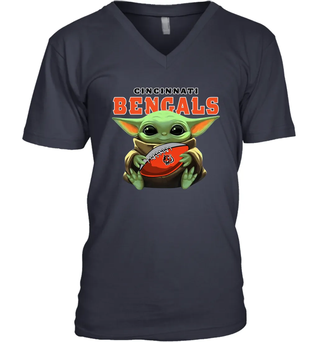 Baby Yoda Loves The Cincinnati Bengals Star Wars Baby Yoda Hugs Bengals NFL Mens V-Neck T-Shirt