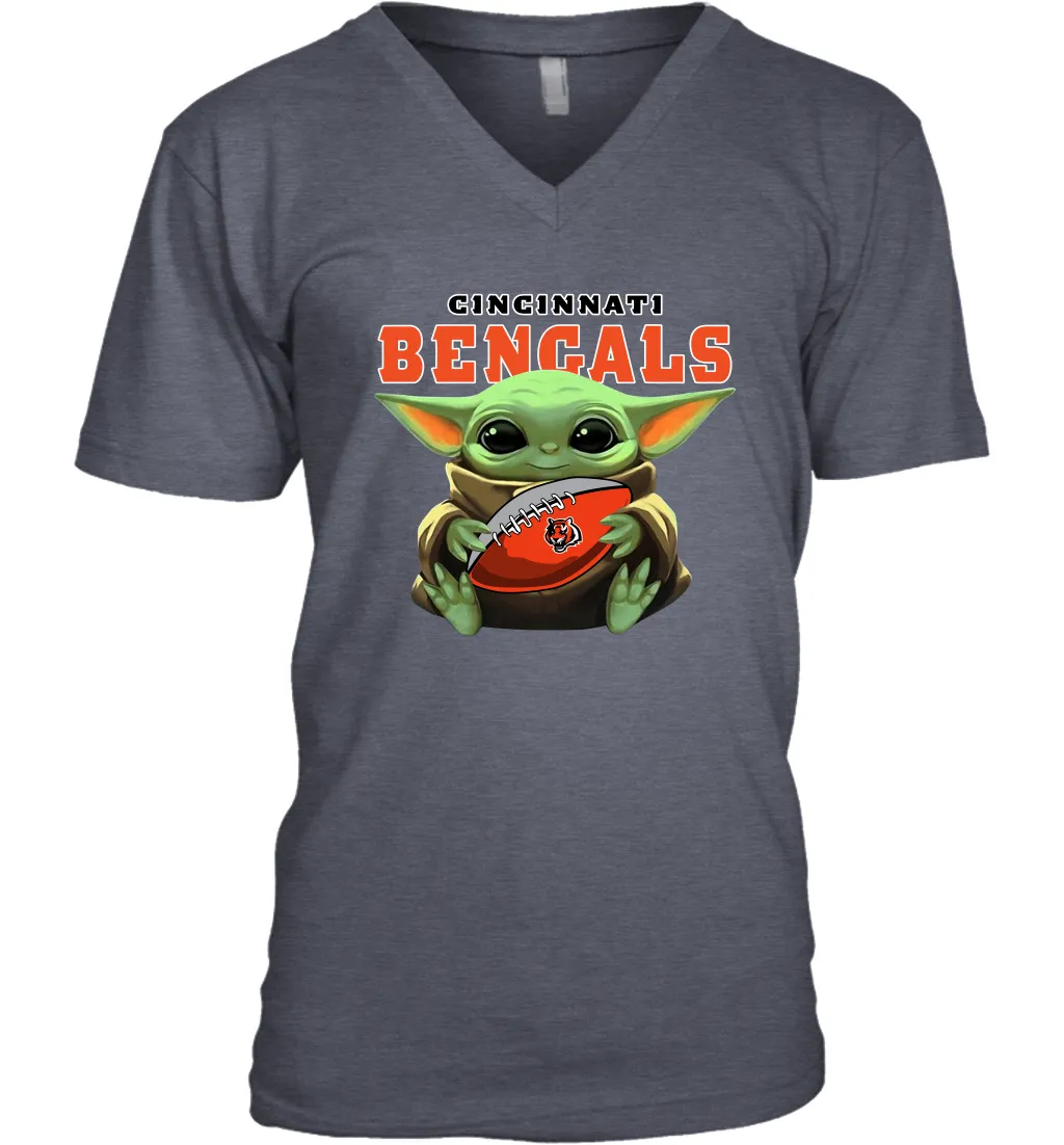 Baby Yoda Loves The Cincinnati Bengals Star Wars Baby Yoda Hugs Bengals NFL Mens V-Neck T-Shirt