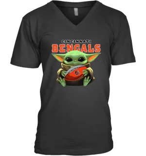 Baby Yoda Loves The Cincinnati Bengals Star Wars Baby Yoda Hugs Bengals NFL Mens V-Neck T-Shirt