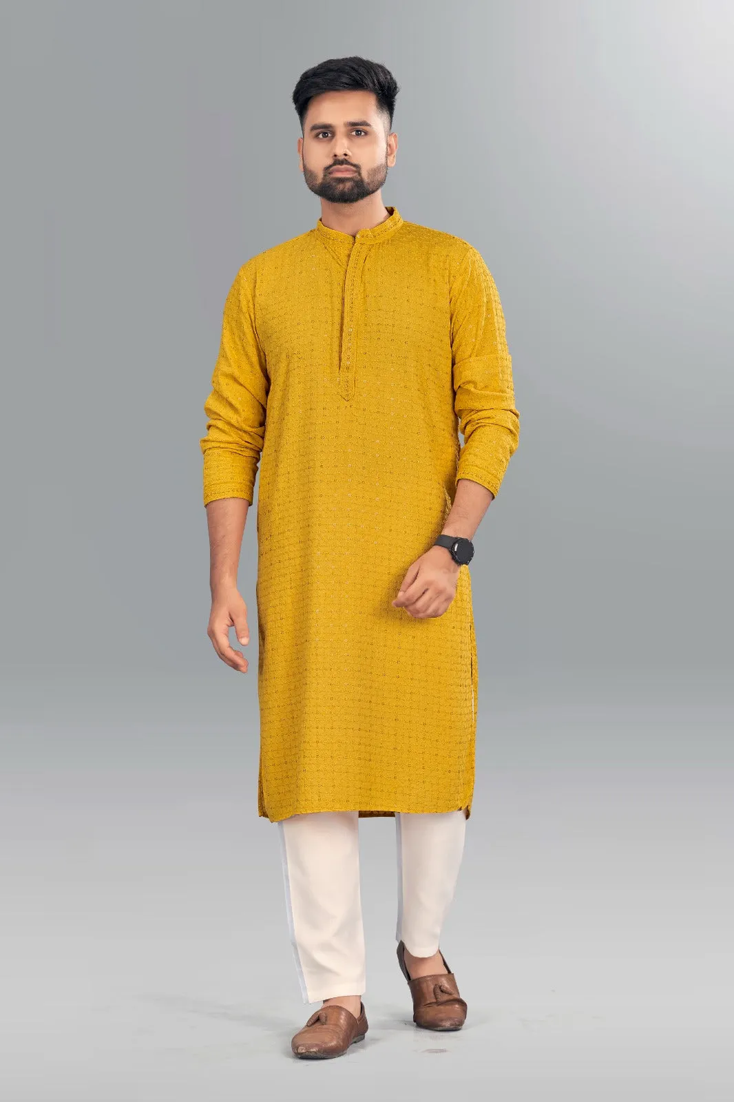 Beautiful Mens Chikankari Long Yellow Kurta