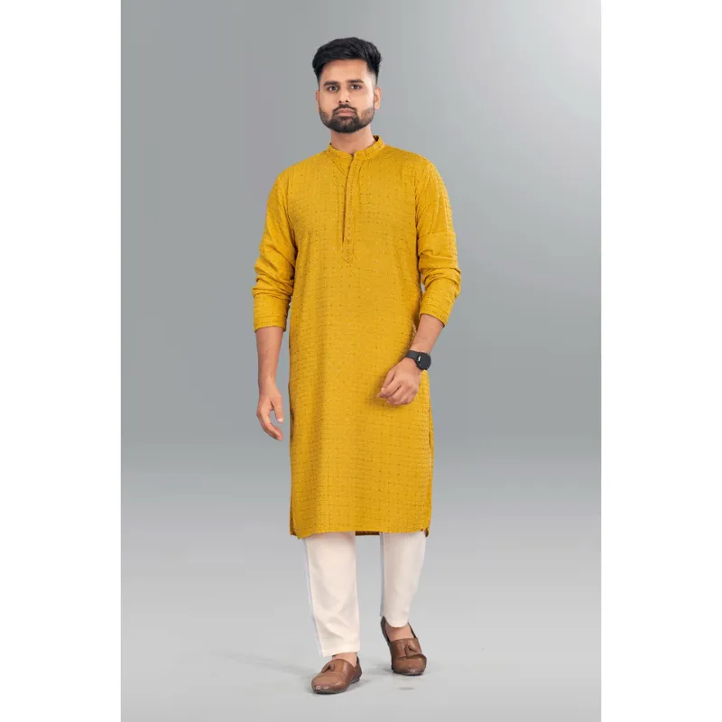 Beautiful Mens Chikankari Long Yellow Kurta