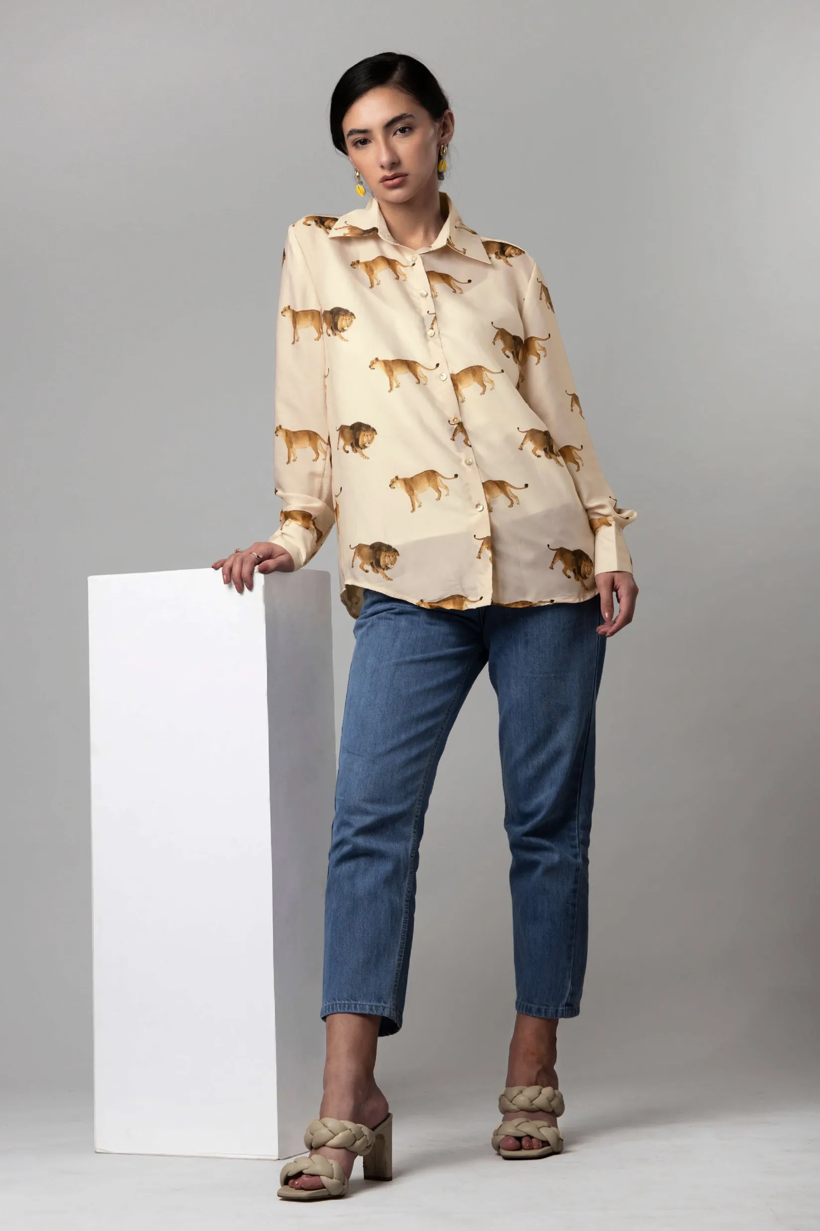 Beige Lion Printed Shirt