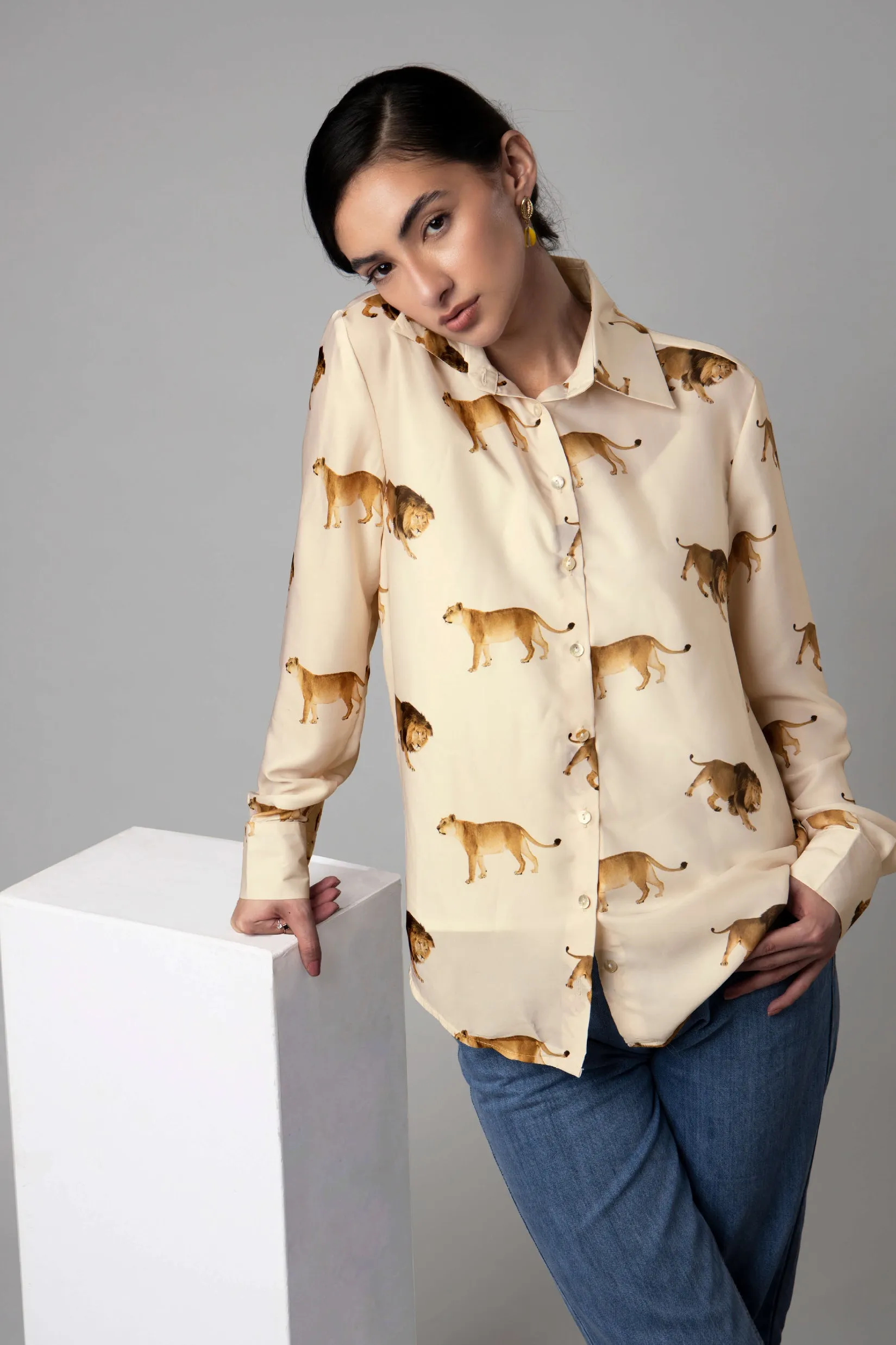 Beige Lion Printed Shirt