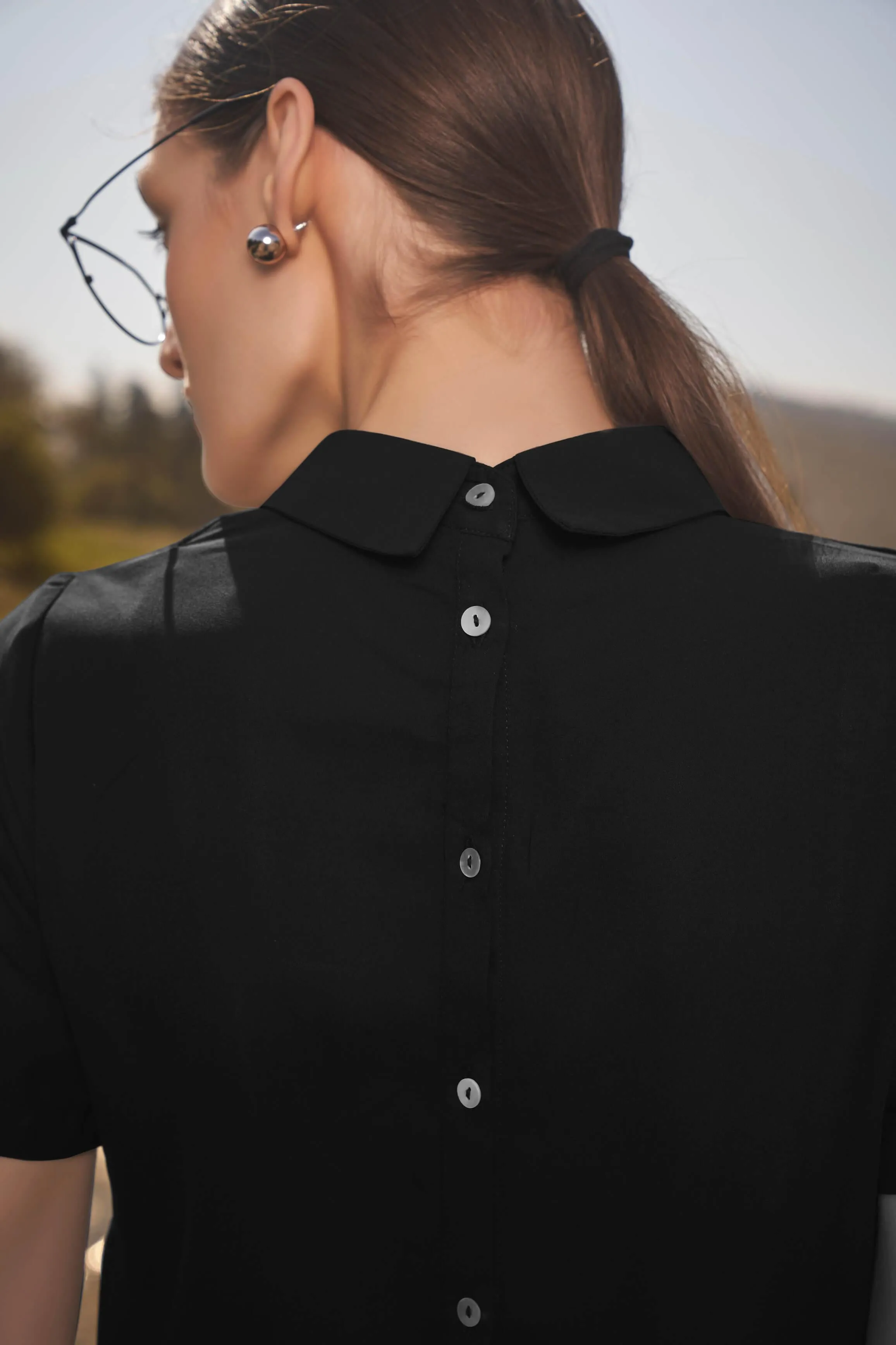 Black Styled High Neck Back Button Top