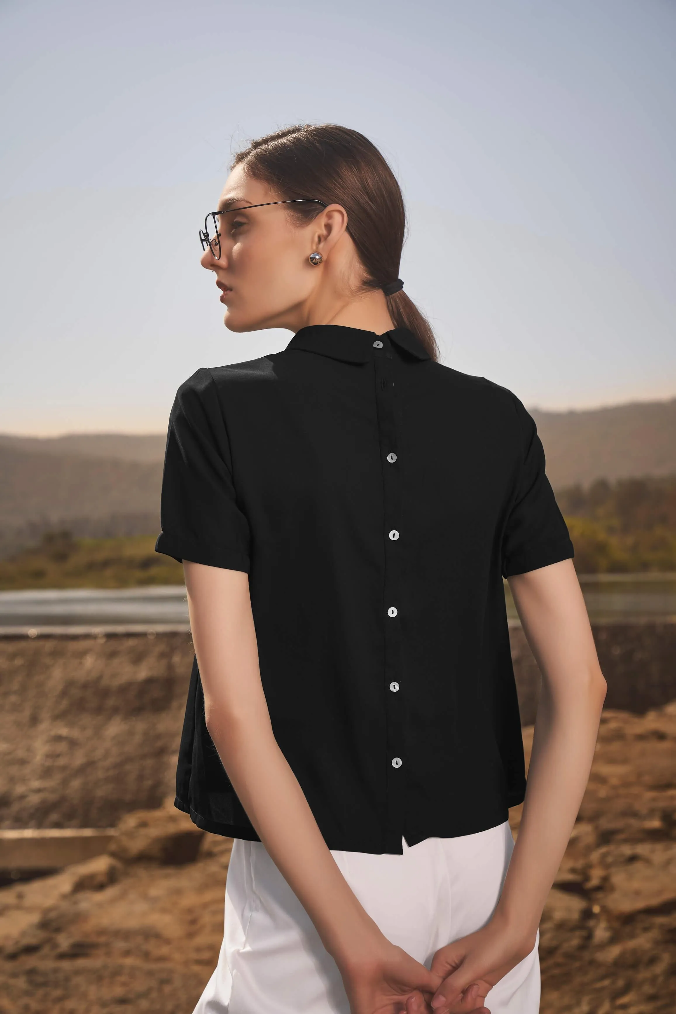 Black Styled High Neck Back Button Top