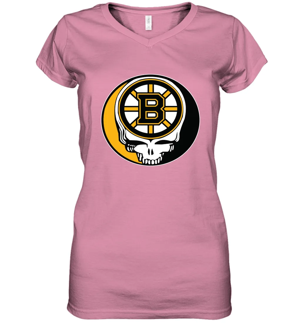 Boston Bruins Grateful Dead Steal Your Face Hockey NHL Womens V-Neck T-Shirt