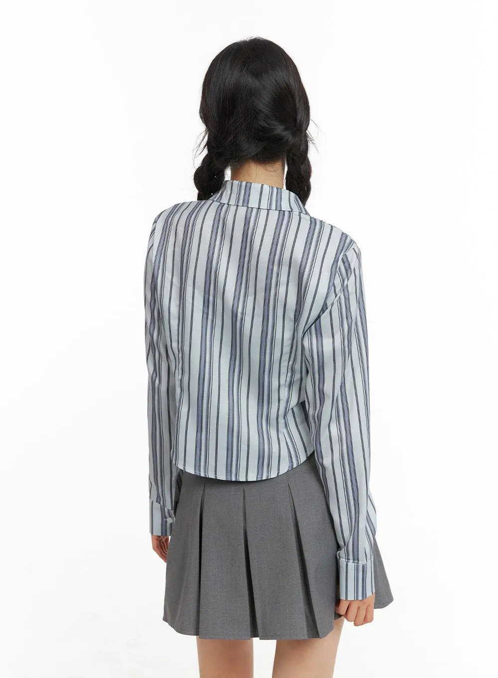 Collar Striped Button-Up Crop Shirt OM420