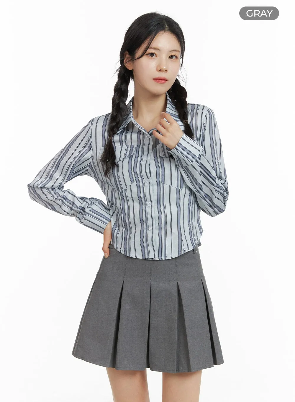 Collar Striped Button-Up Crop Shirt OM420