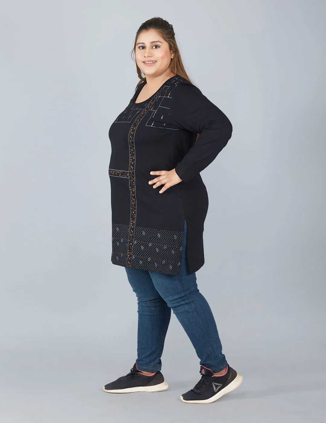 Cotton Long Top for Women Plus Size - Full Sleeve - Black