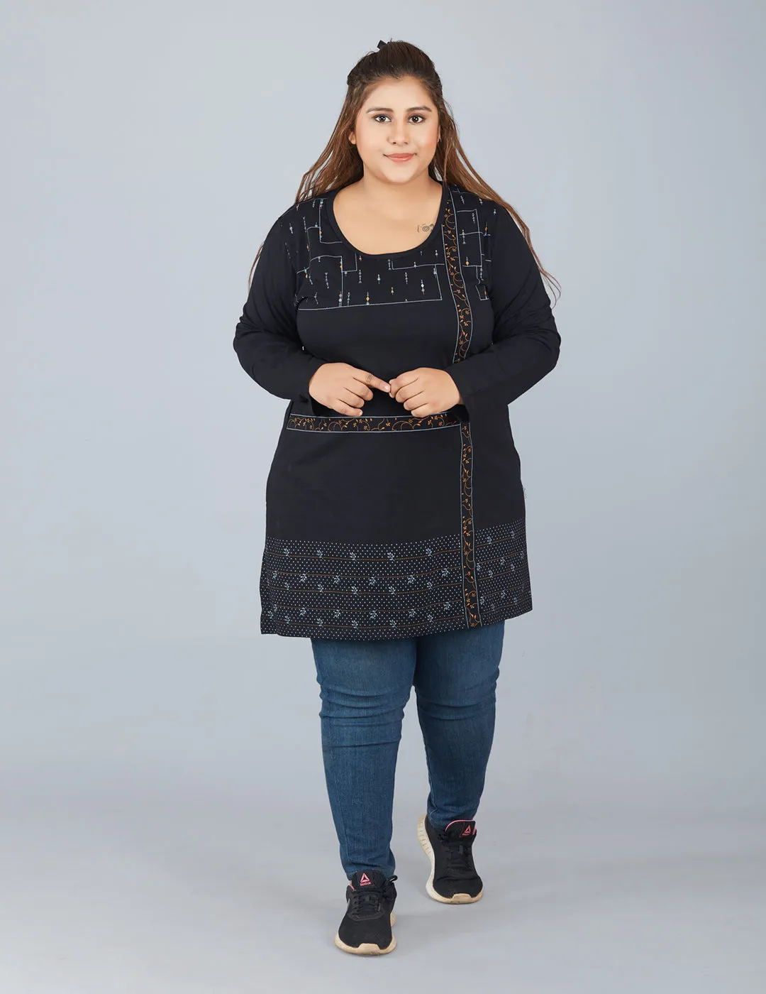 Cotton Long Top for Women Plus Size - Full Sleeve - Black