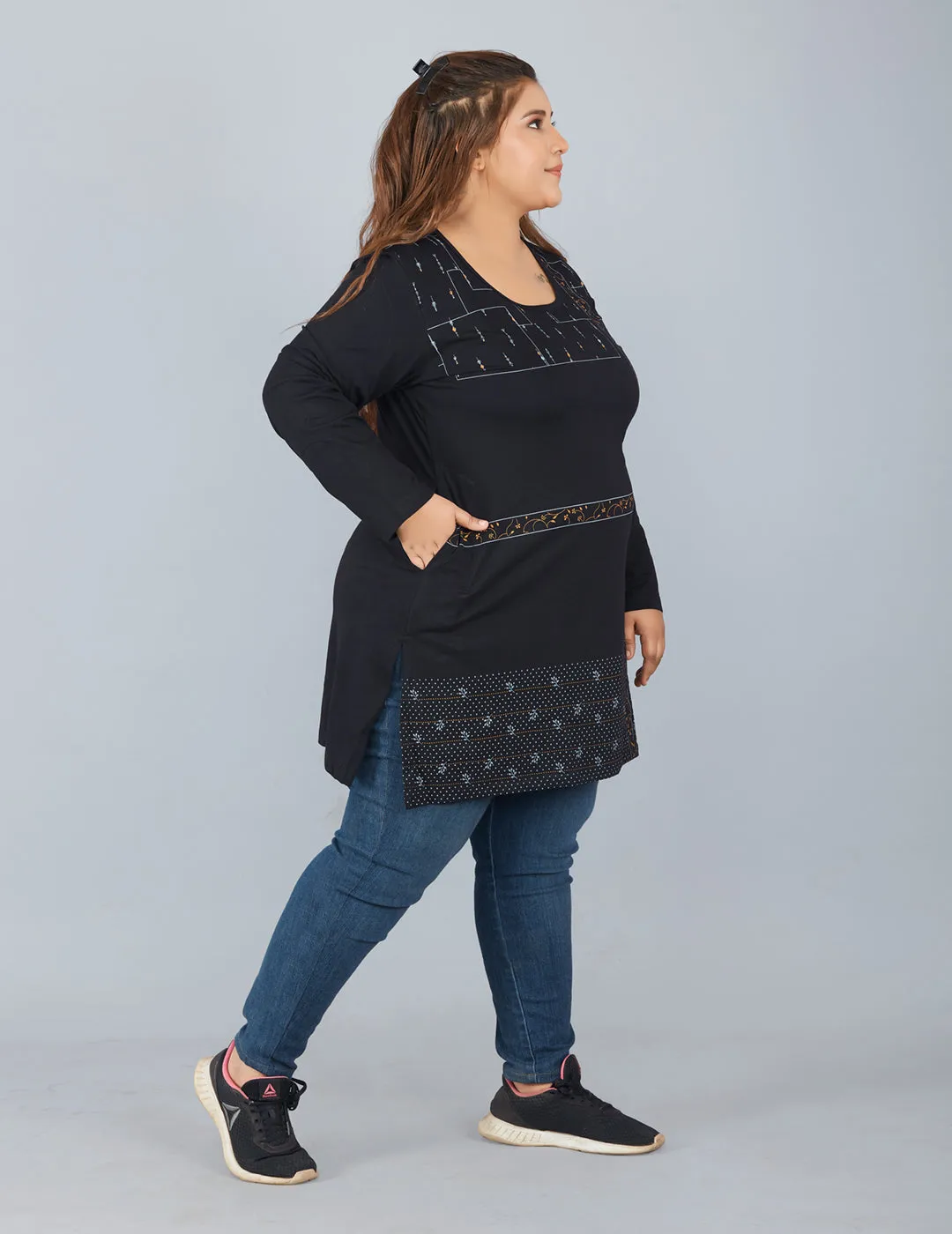 Cotton Long Top for Women Plus Size - Full Sleeve - Black