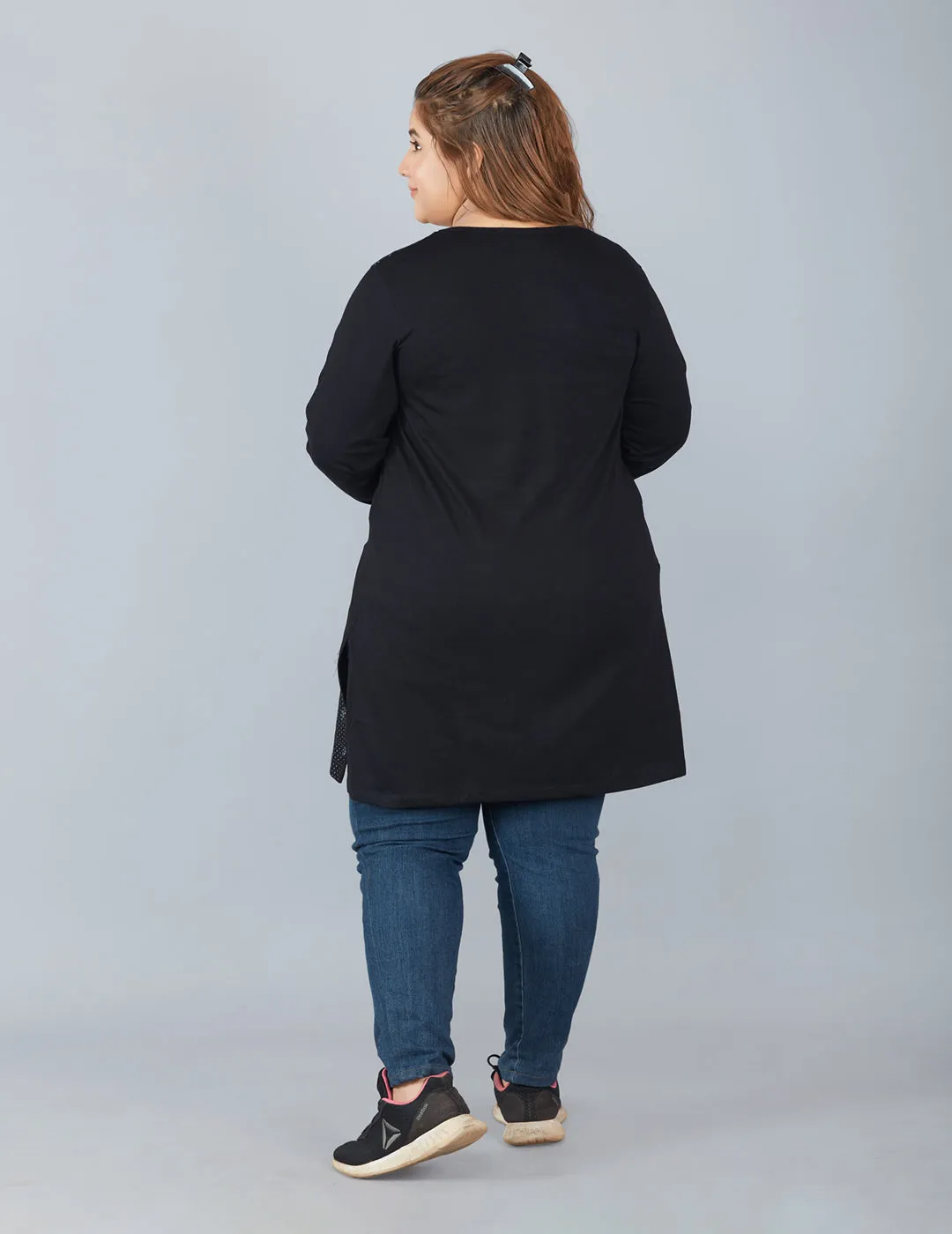 Cotton Long Top for Women Plus Size - Full Sleeve - Black