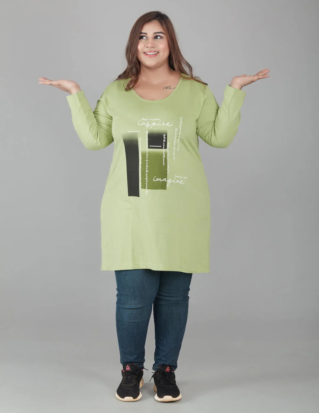 Cotton Long Top for Women Plus Size - Full Sleeve - Green