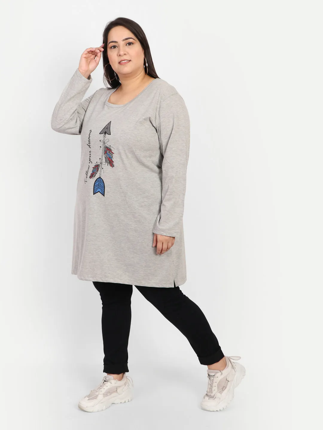 Cotton Long Top for Women Plus Size - Full Sleeve - Grey