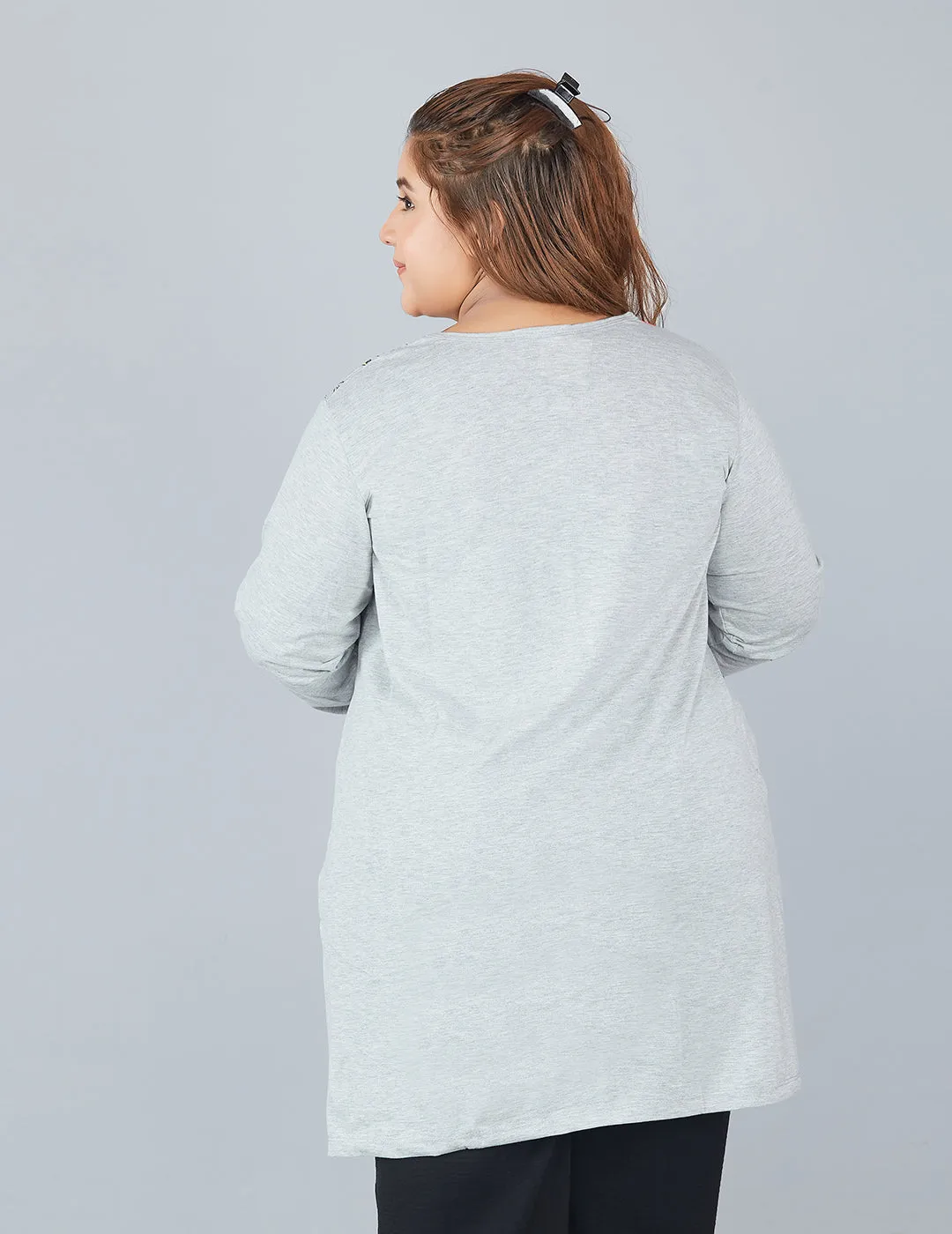 Cotton Long Top for Women Plus Size - Full Sleeve - Grey