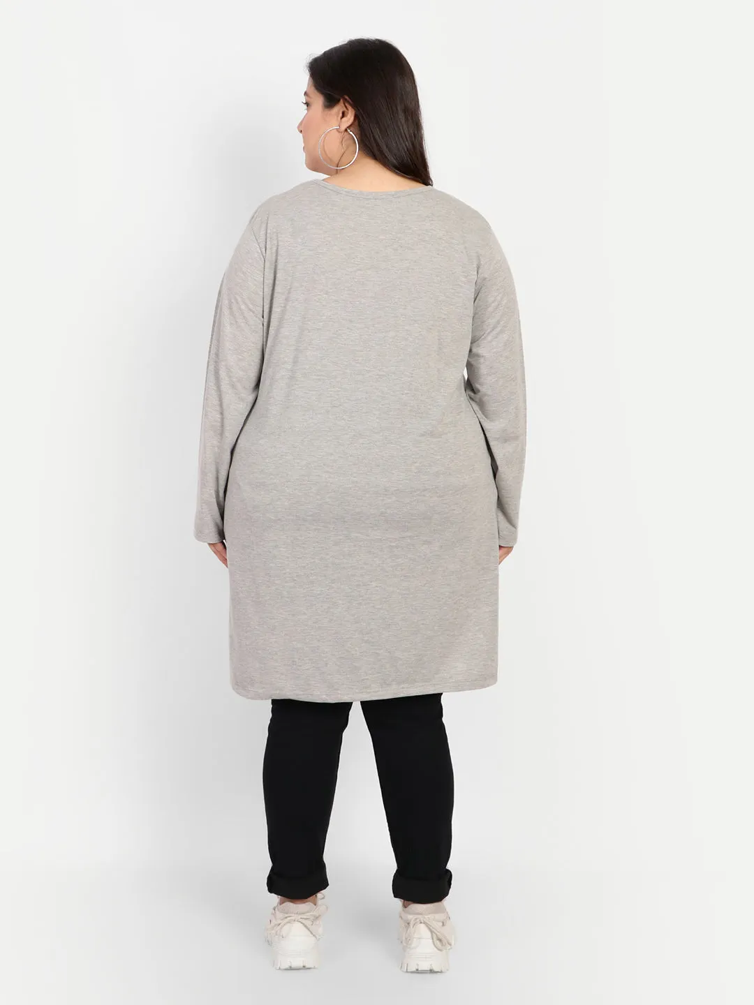 Cotton Long Top for Women Plus Size - Full Sleeve - Grey