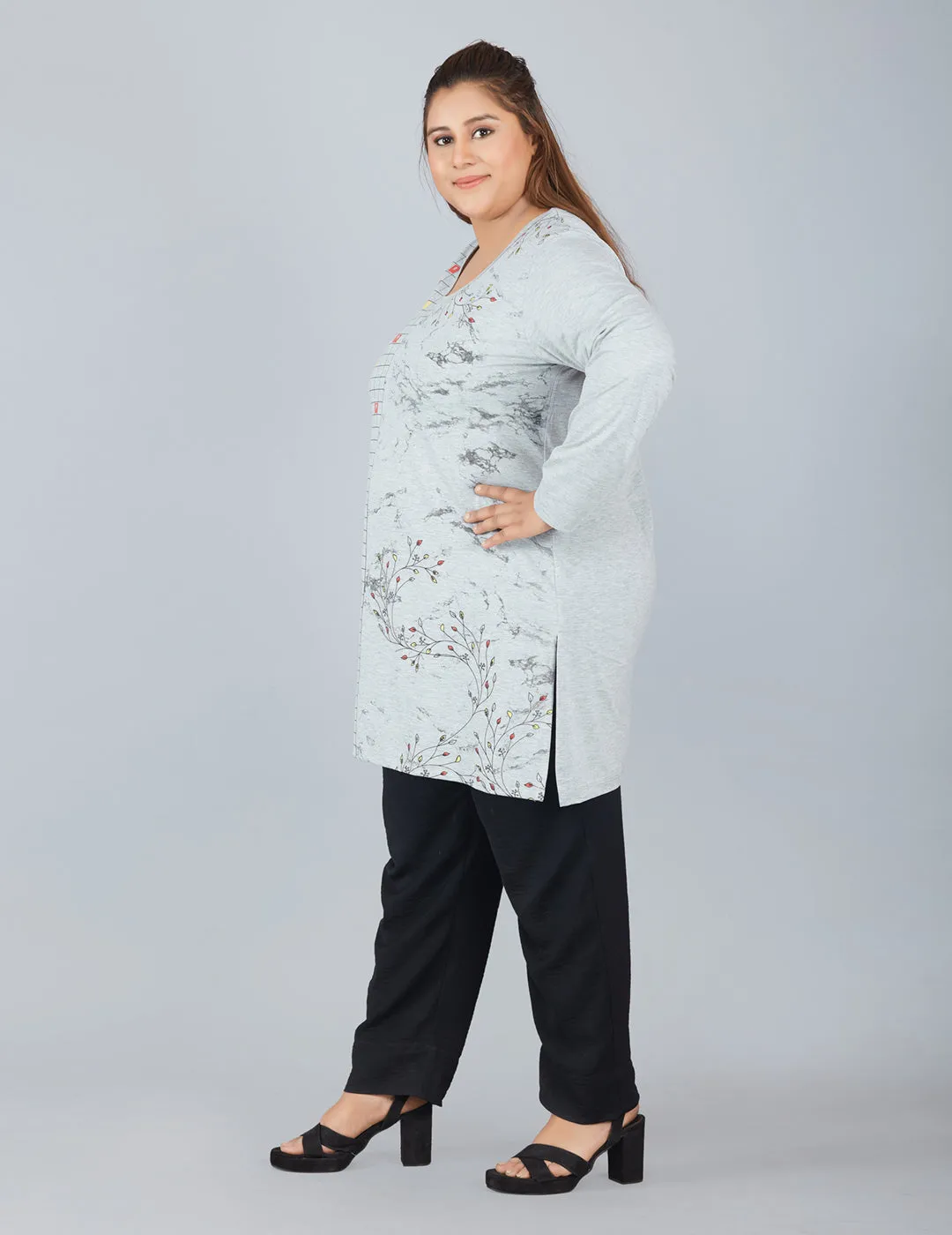 Cotton Long Top for Women Plus Size - Full Sleeve - Grey