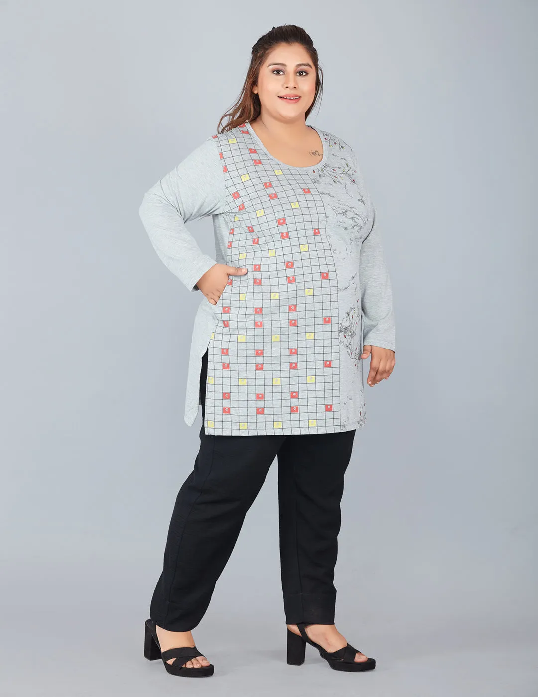 Cotton Long Top for Women Plus Size - Full Sleeve - Grey