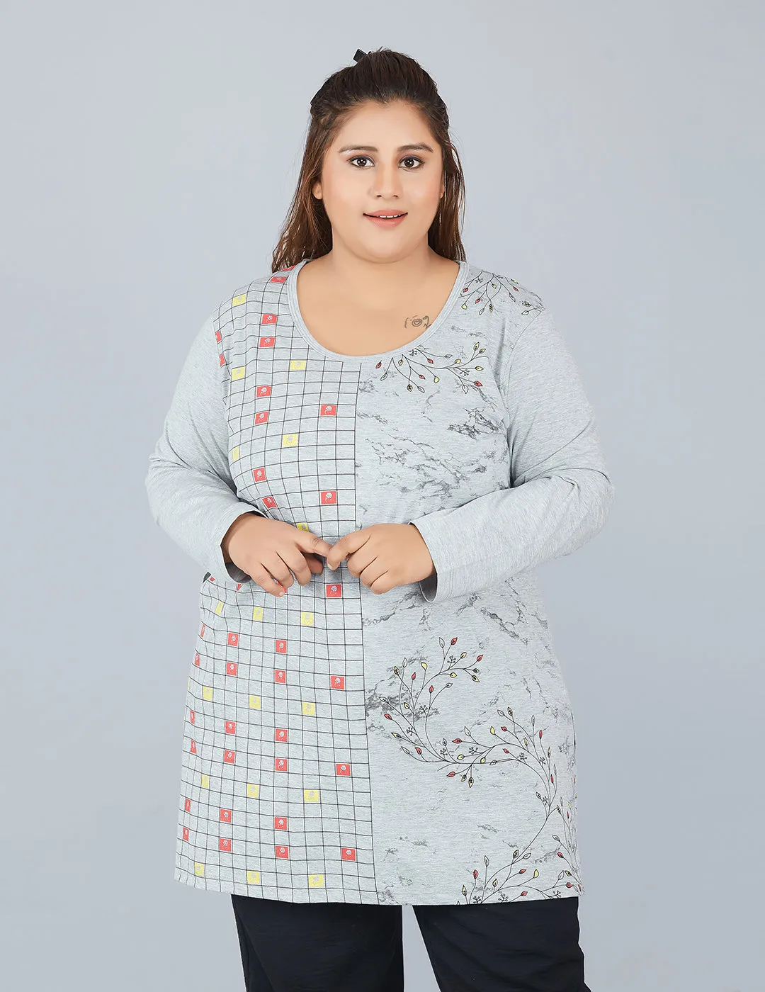 Cotton Long Top for Women Plus Size - Full Sleeve - Grey