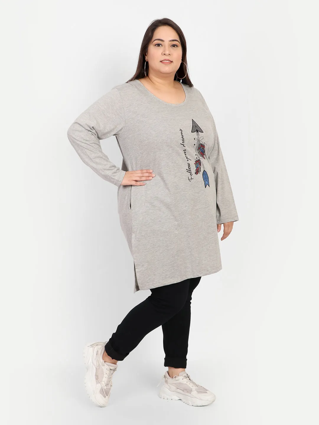 Cotton Long Top for Women Plus Size - Full Sleeve - Grey