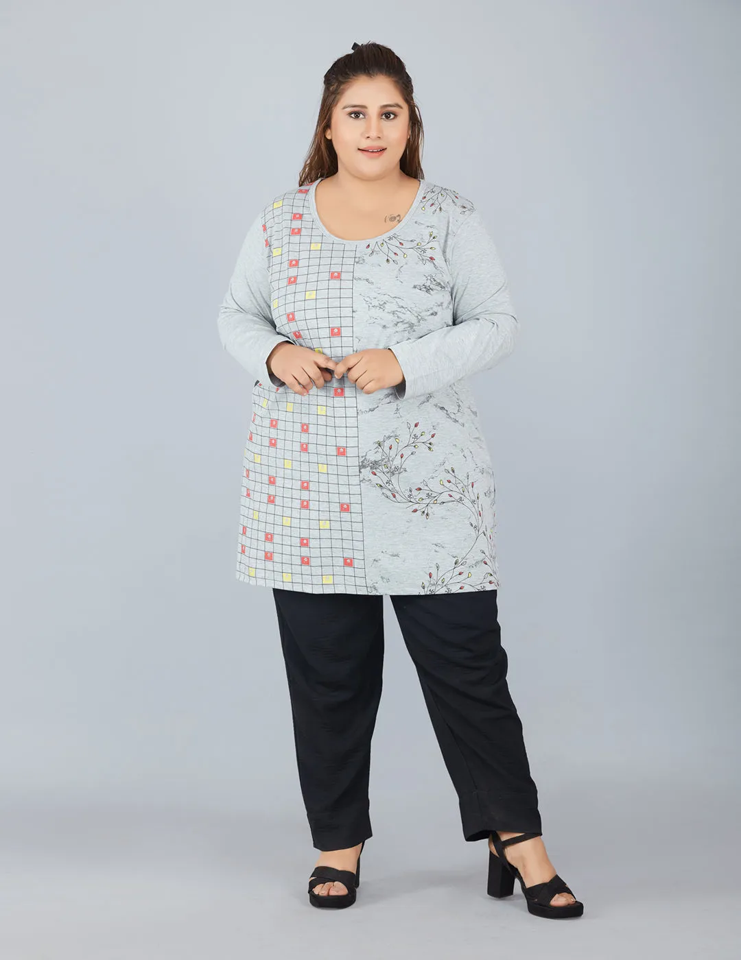 Cotton Long Top for Women Plus Size - Full Sleeve - Grey