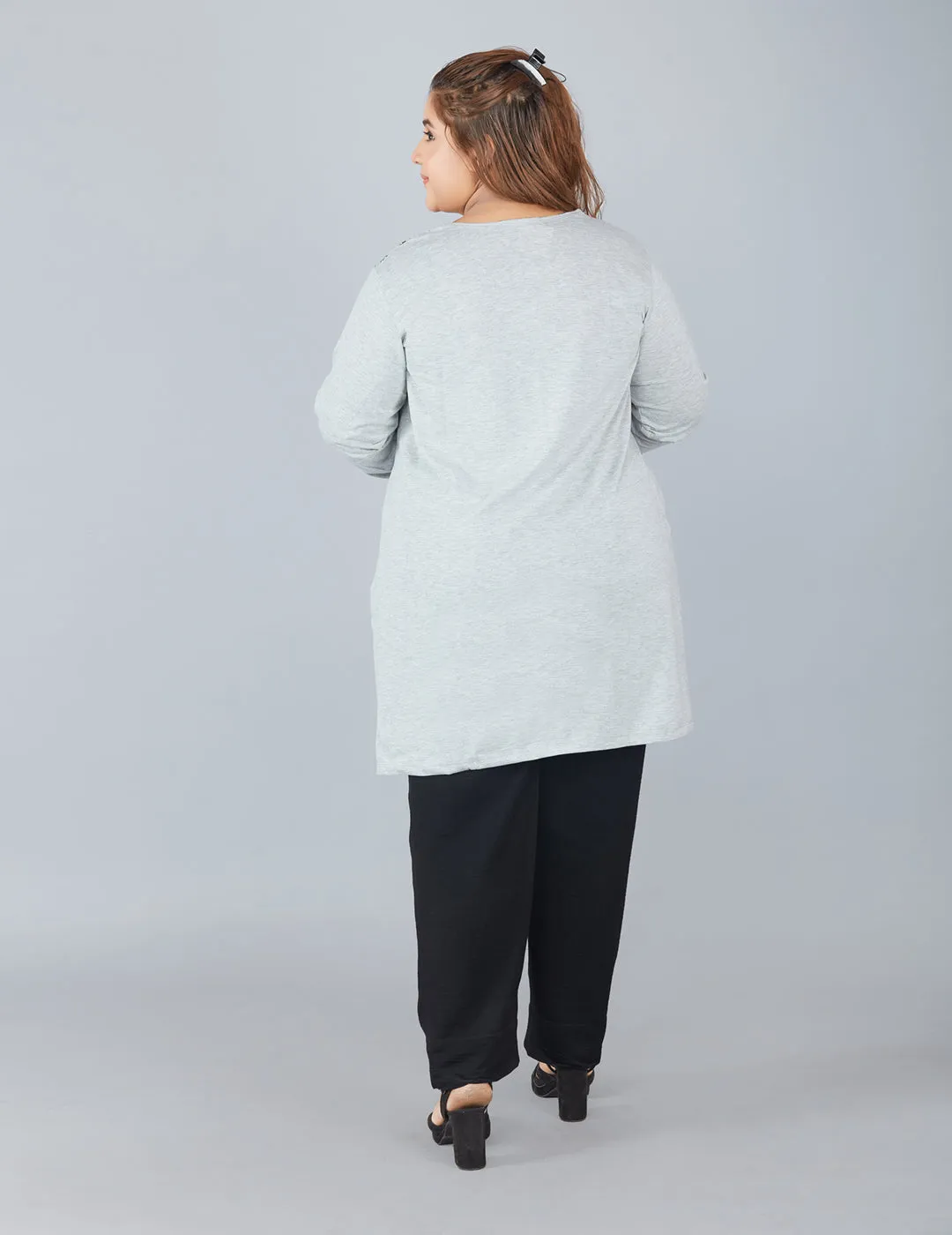 Cotton Long Top for Women Plus Size - Full Sleeve - Grey