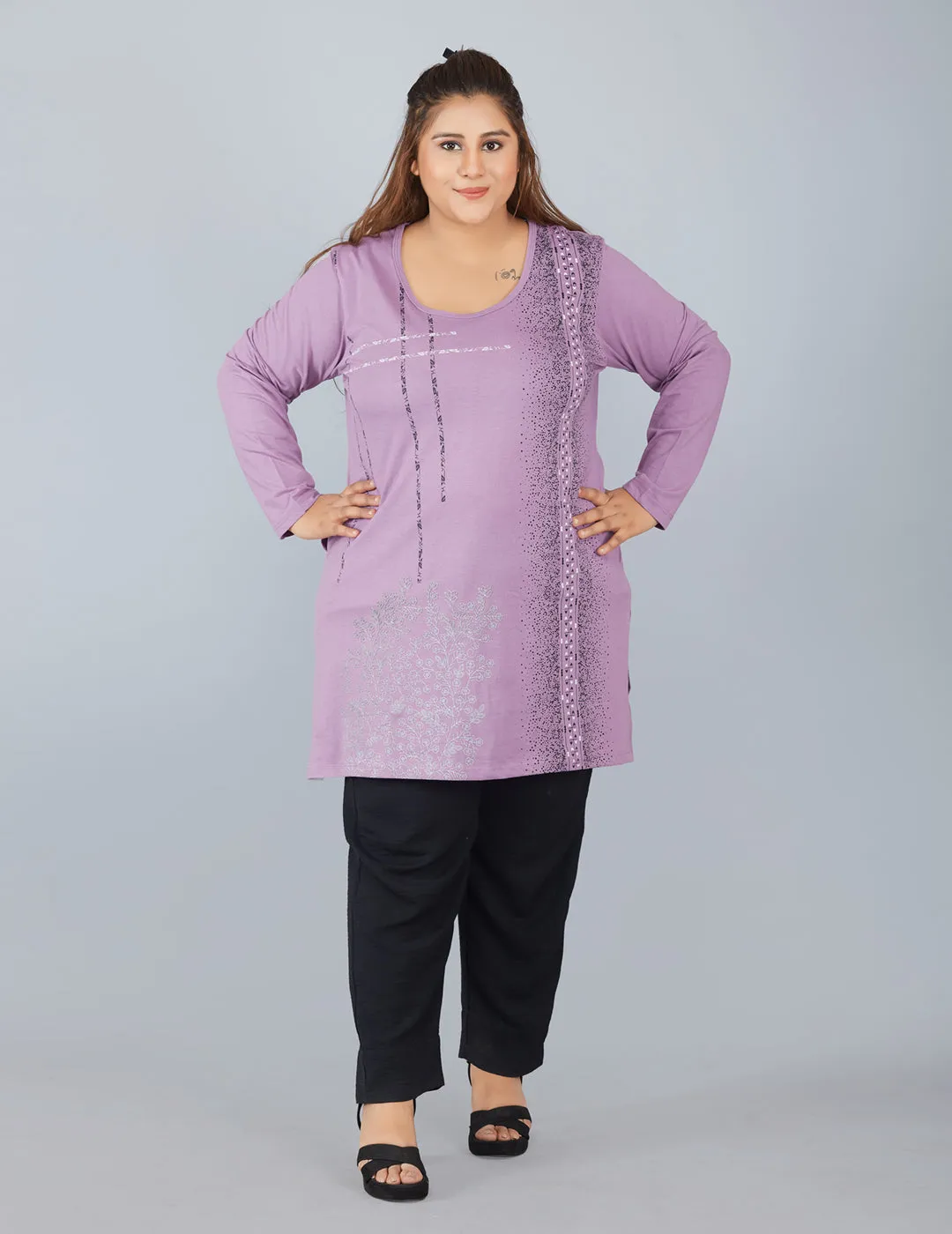 Cotton Long Top for Women Plus Size - Full Sleeve - Lavender