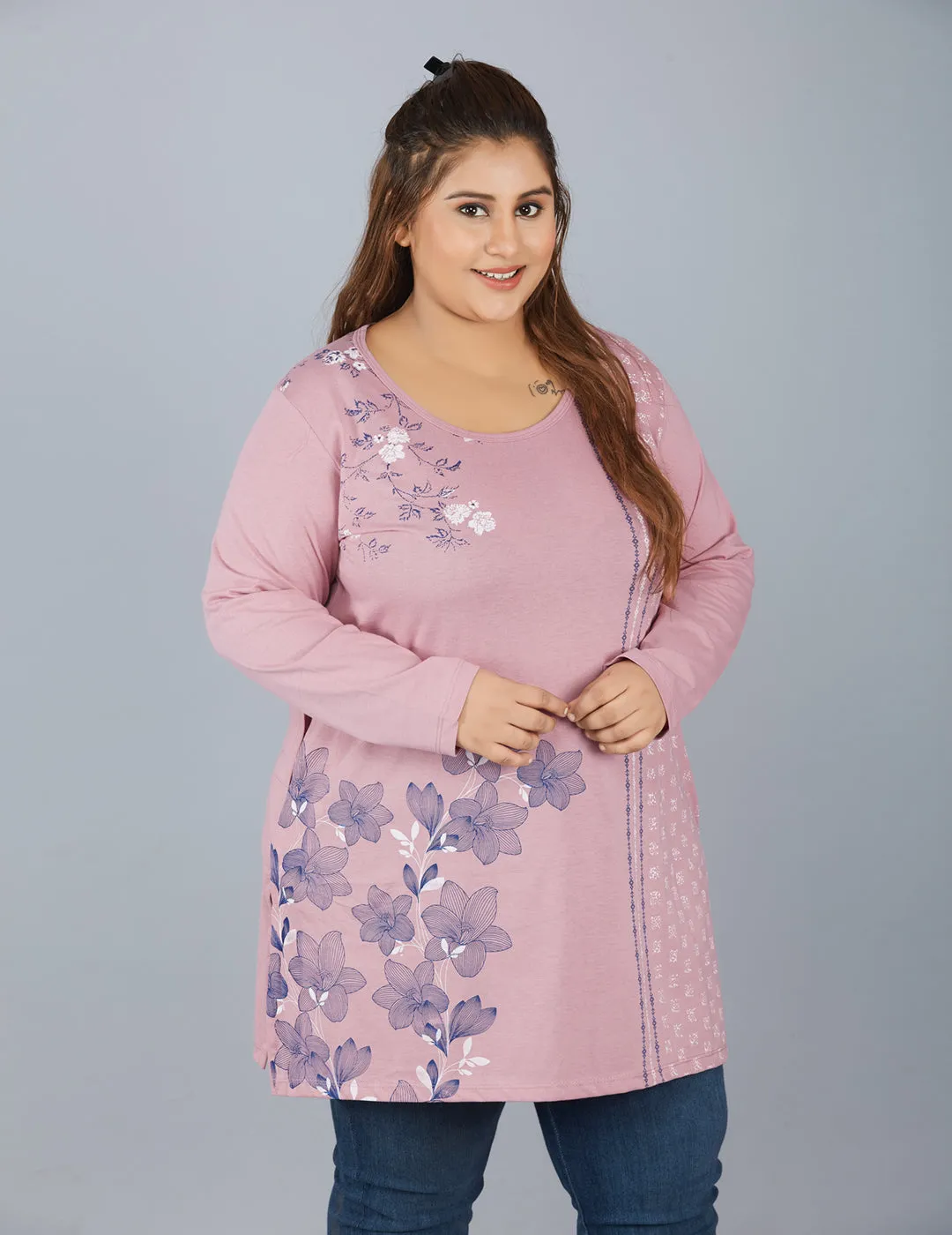 Cotton Long Top for Women Plus Size - Full Sleeve - Mauve