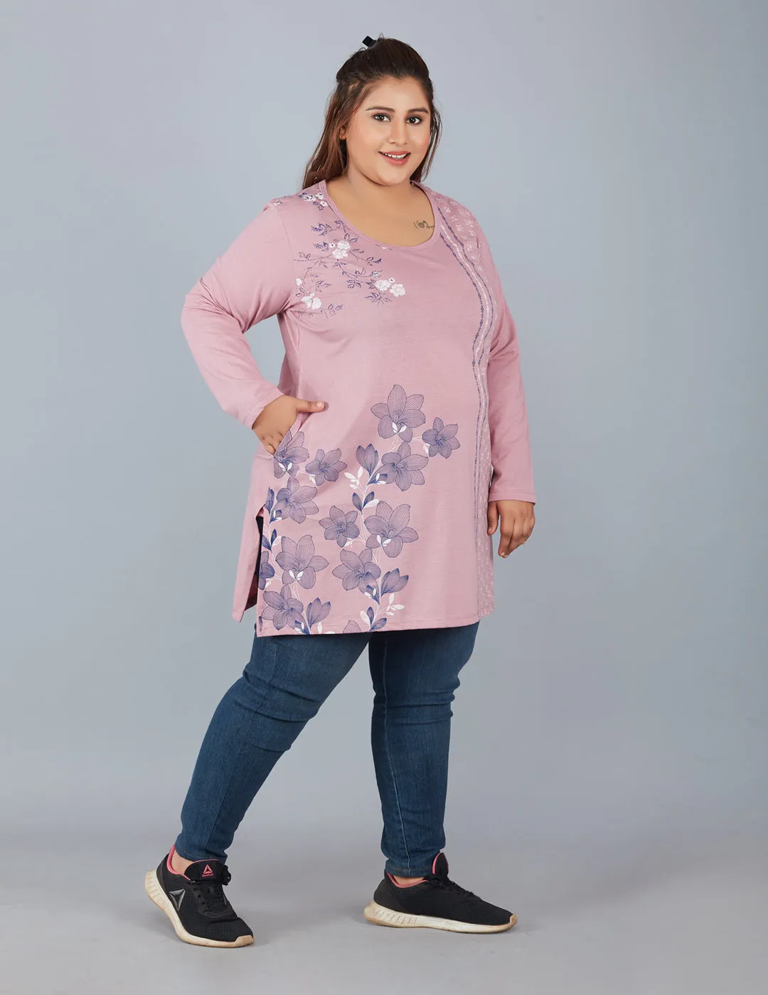 Cotton Long Top for Women Plus Size - Full Sleeve - Mauve