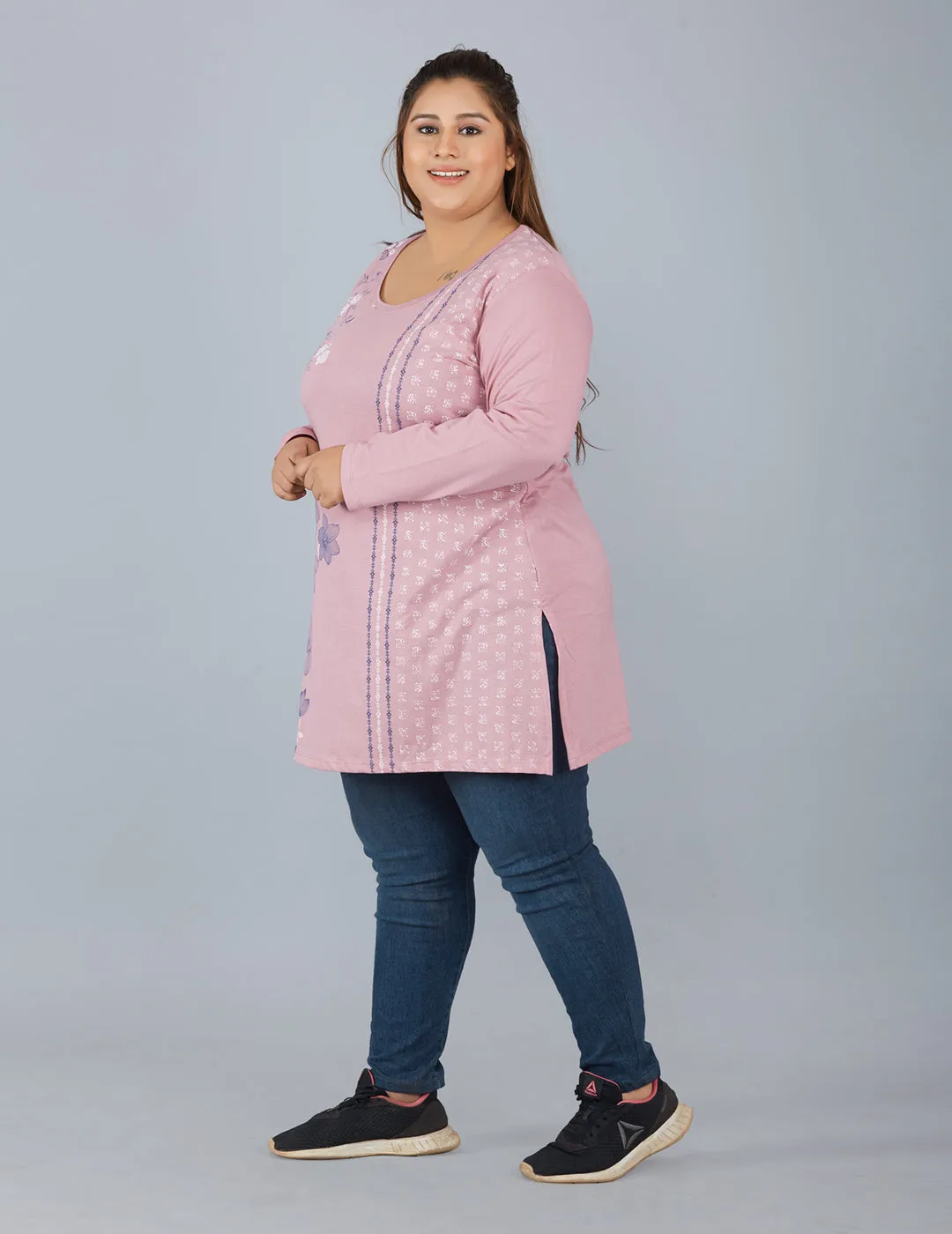 Cotton Long Top for Women Plus Size - Full Sleeve - Mauve