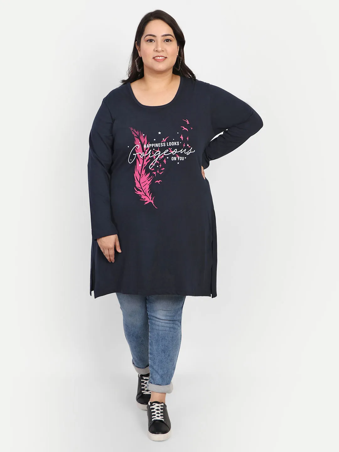 Cotton Long Top for Women Plus Size - Full Sleeve - Navy Blue