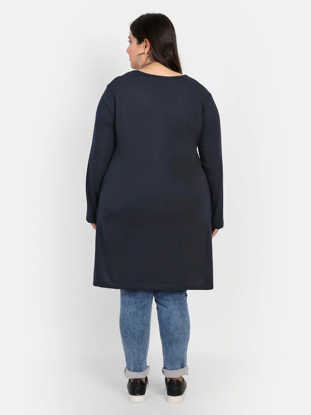 Cotton Long Top for Women Plus Size - Full Sleeve - Navy Blue