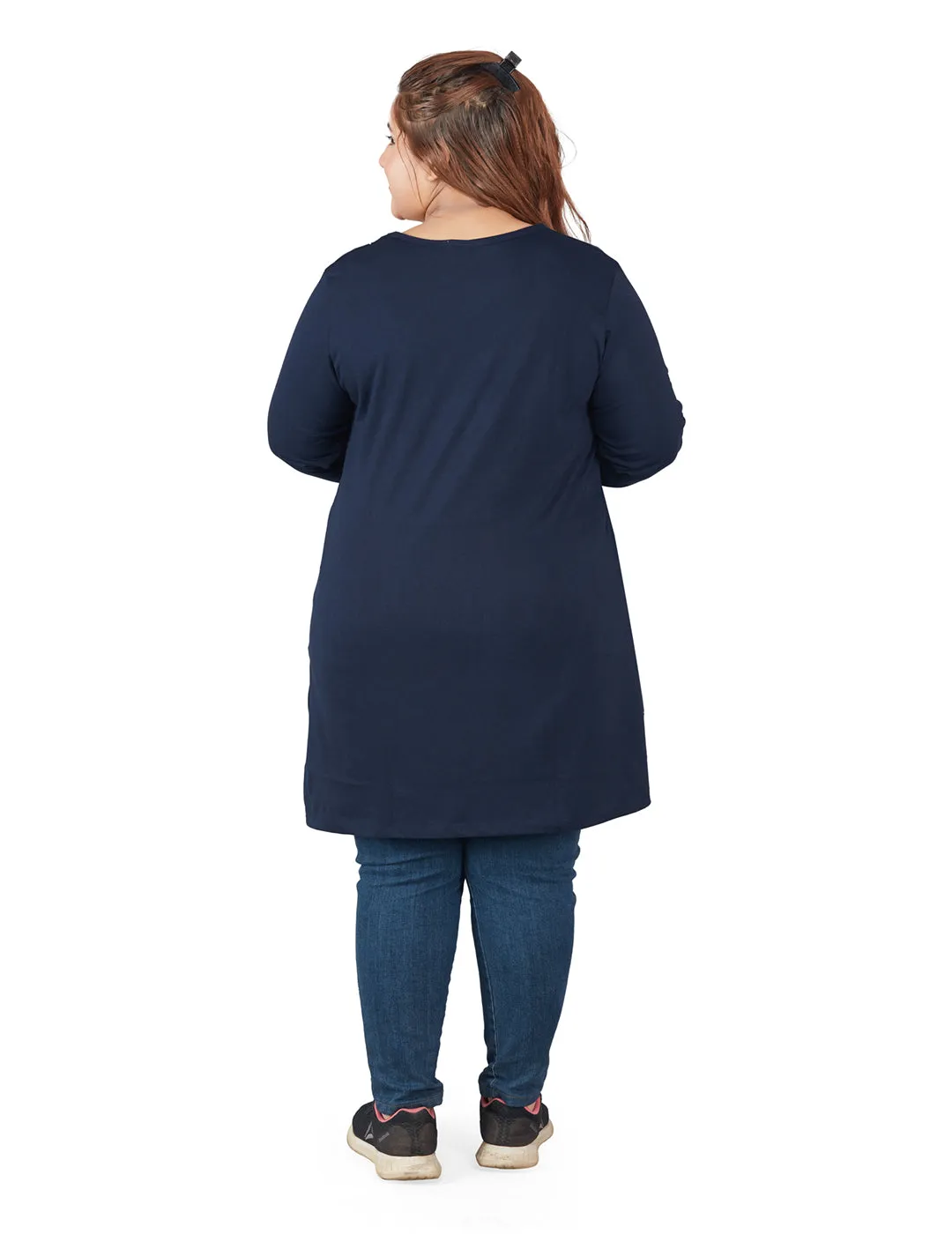 Cotton Long Top for Women Plus Size - Full Sleeve - Navy