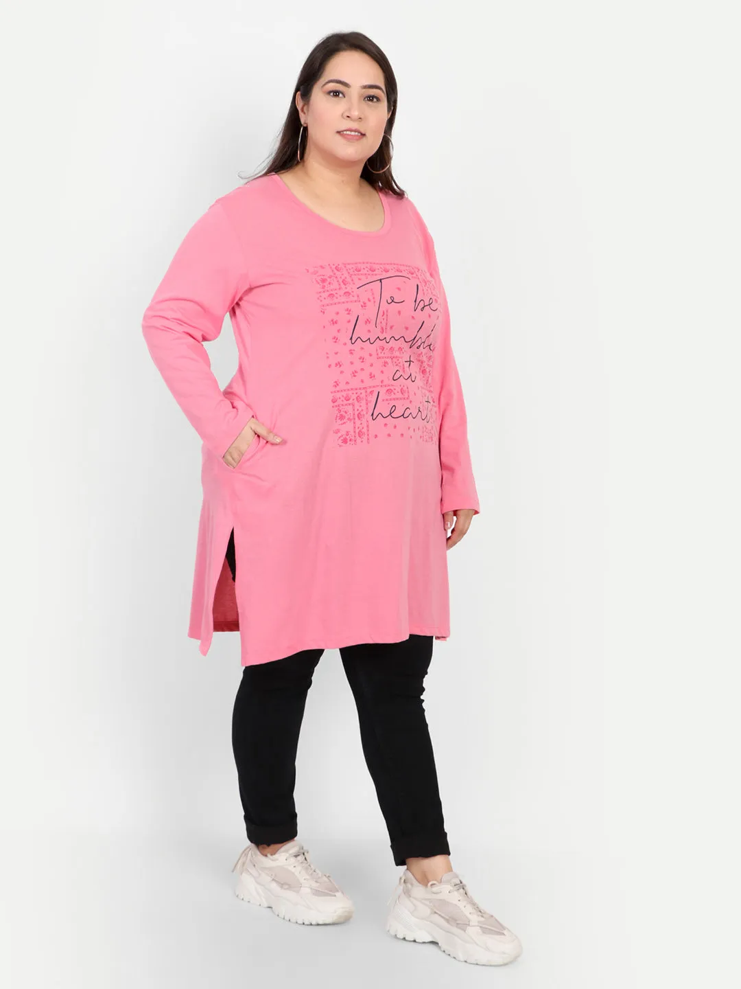 Cotton Long Top for Women Plus Size - Full Sleeve - Pink