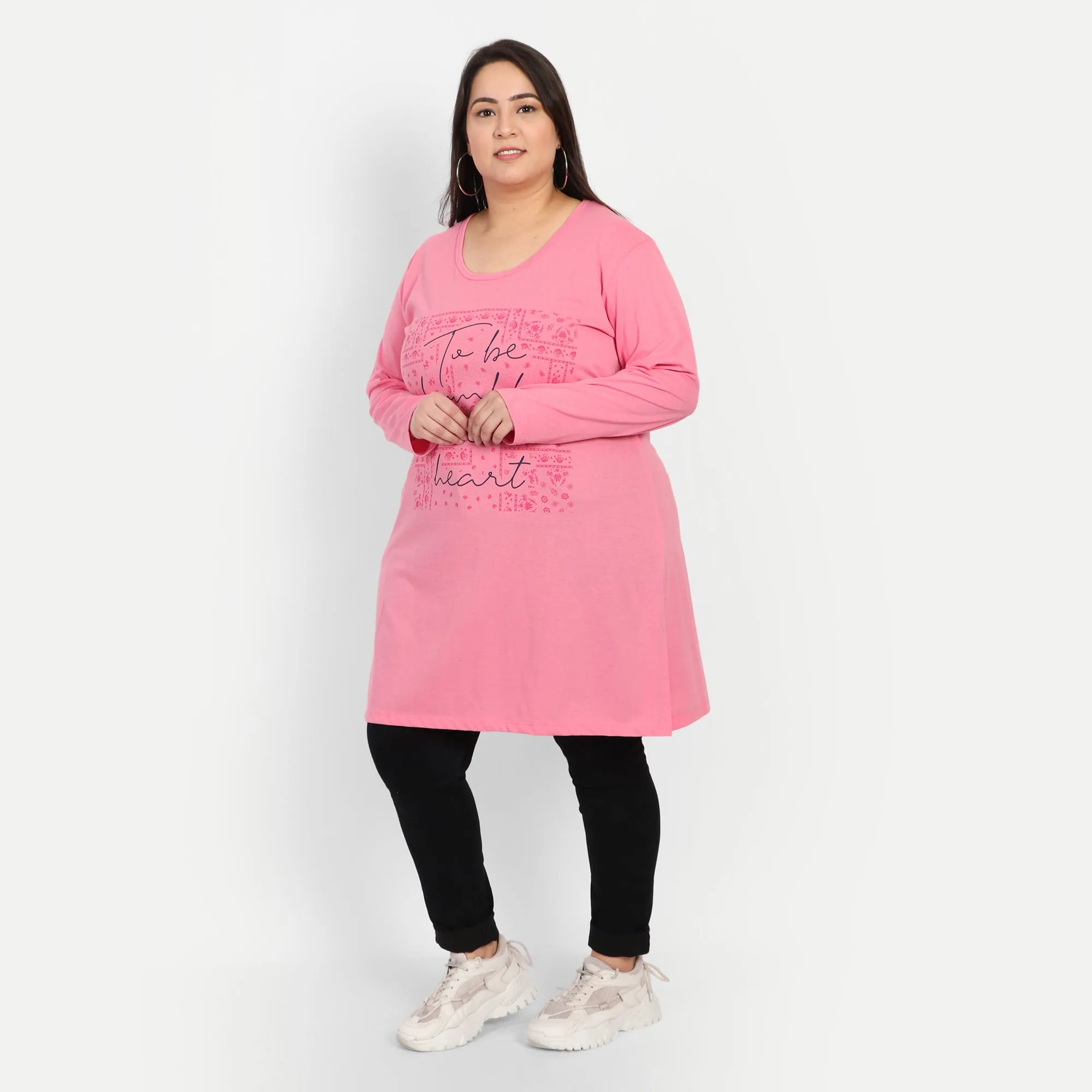 Cotton Long Top for Women Plus Size - Full Sleeve - Pink