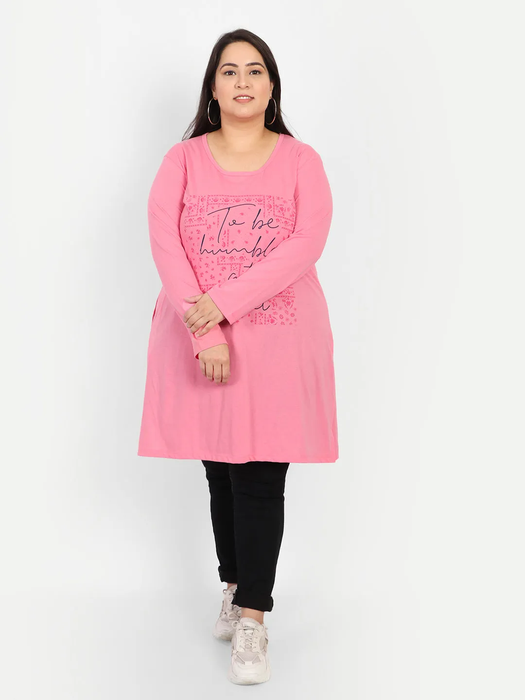 Cotton Long Top for Women Plus Size - Full Sleeve - Pink