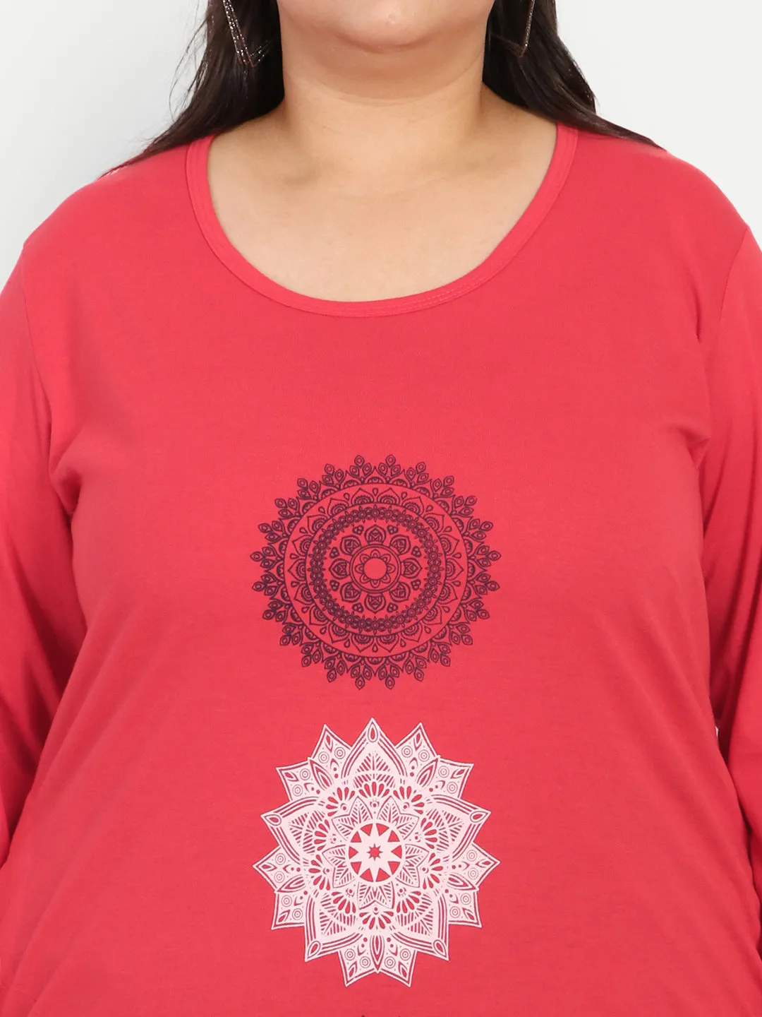 Cotton Long Top for Women Plus Size - Full Sleeve - Red