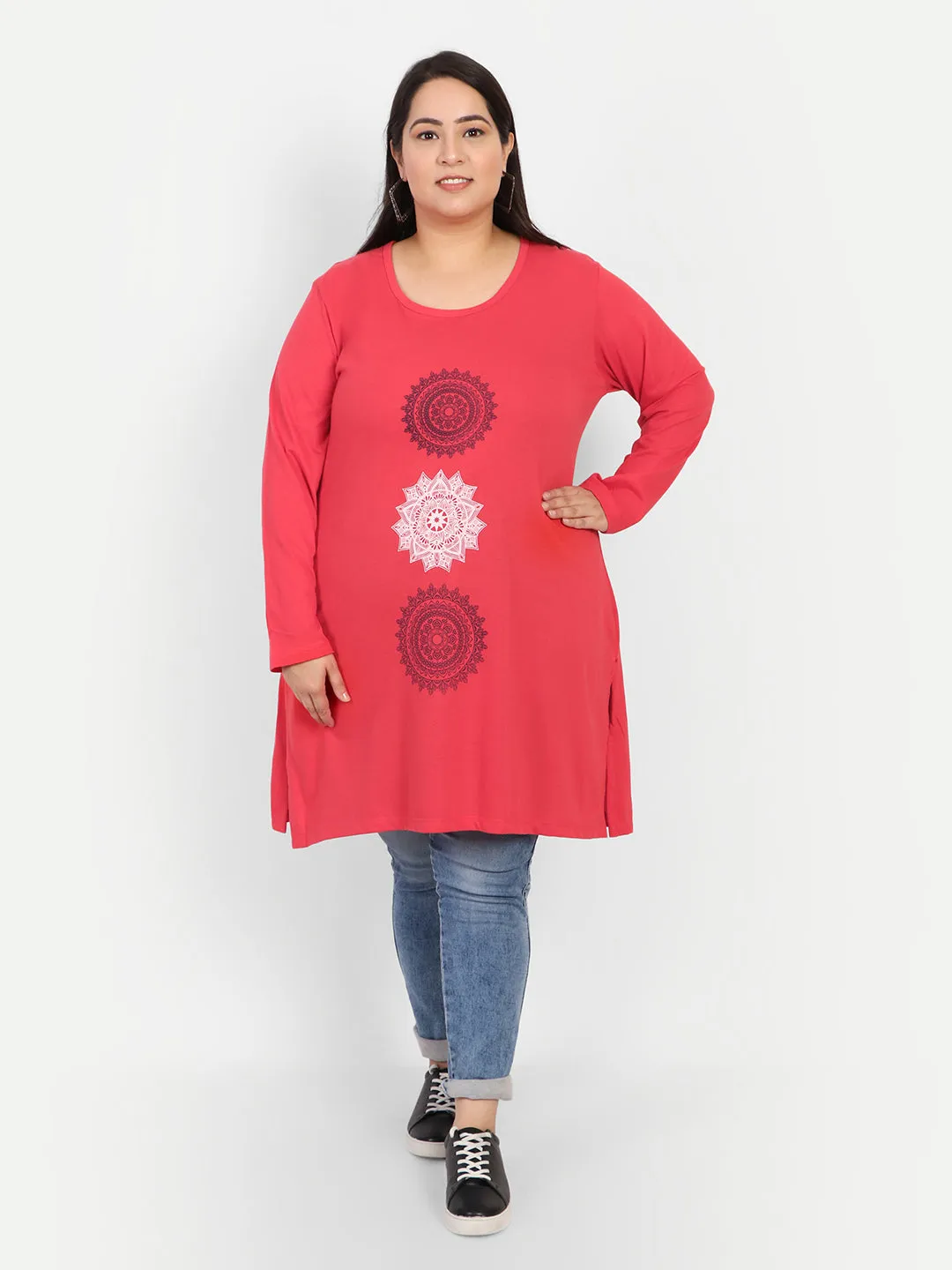 Cotton Long Top for Women Plus Size - Full Sleeve - Red