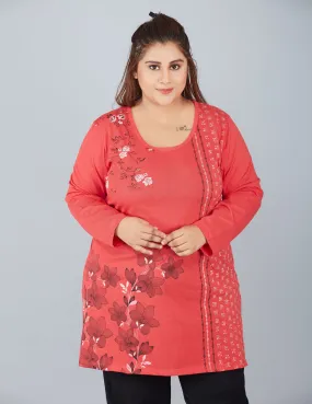 Cotton Long Top for Women Plus Size - Full Sleeve - Red