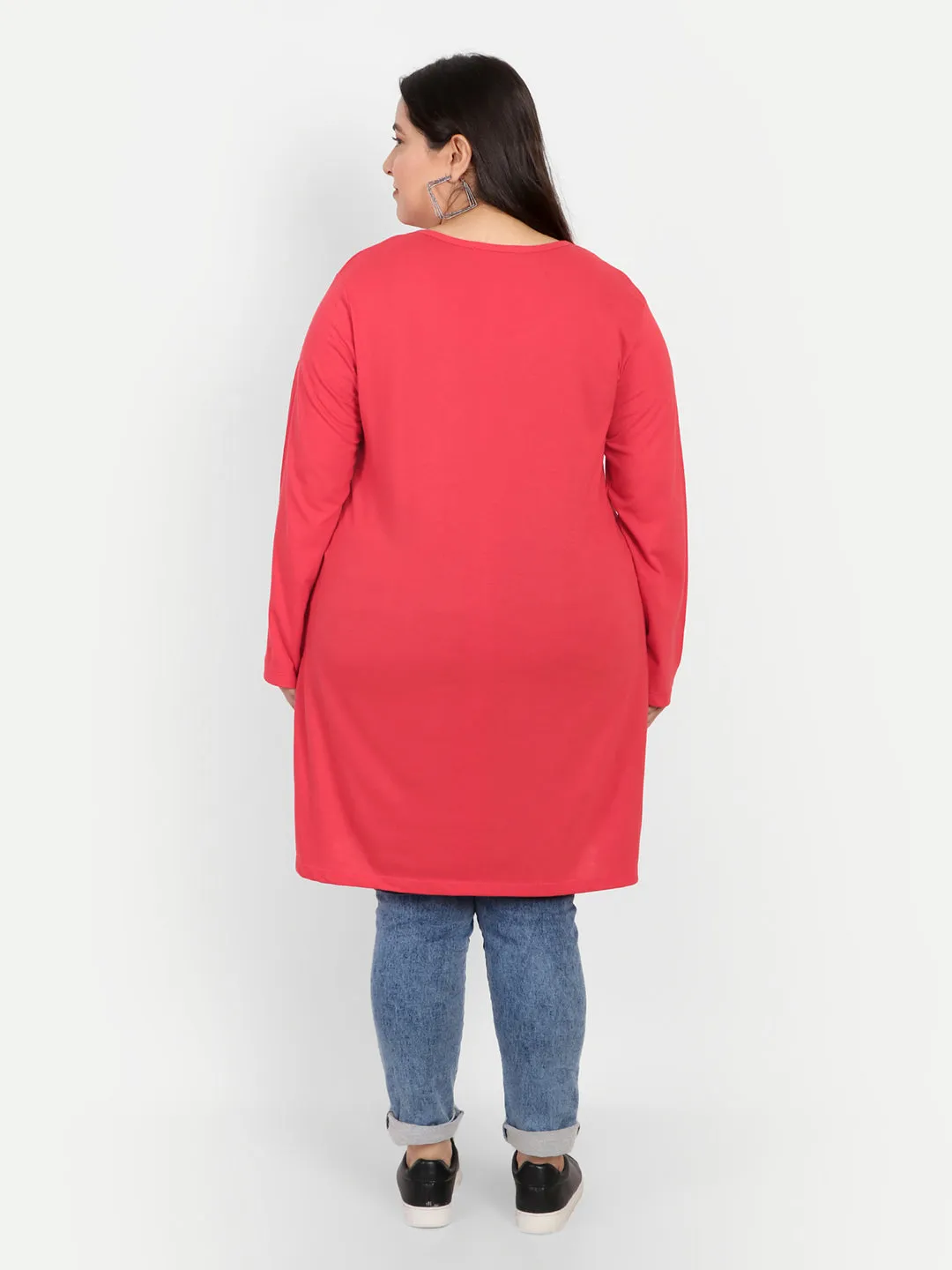 Cotton Long Top for Women Plus Size - Full Sleeve - Red