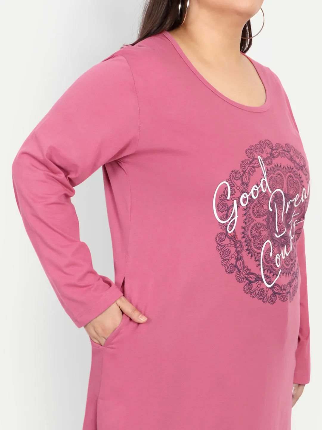 Cotton Long Top for Women Plus Size - Full Sleeve - Rosy Pink