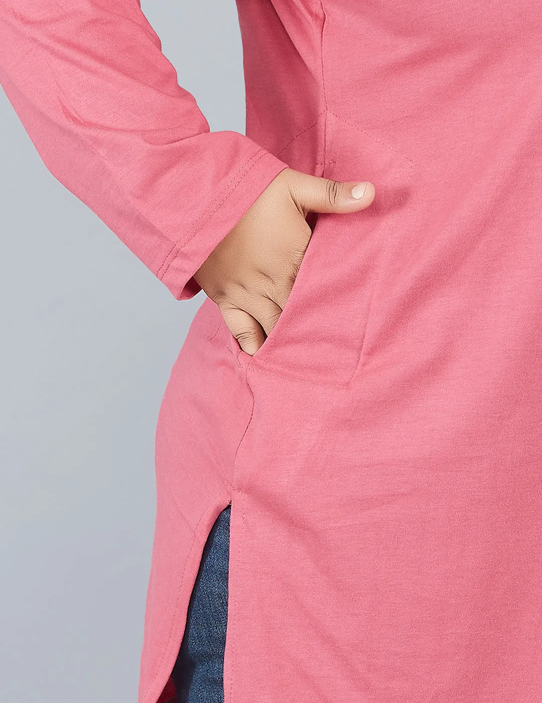 Cotton Long Top for Women Plus Size - Full Sleeve - Rosy Pink