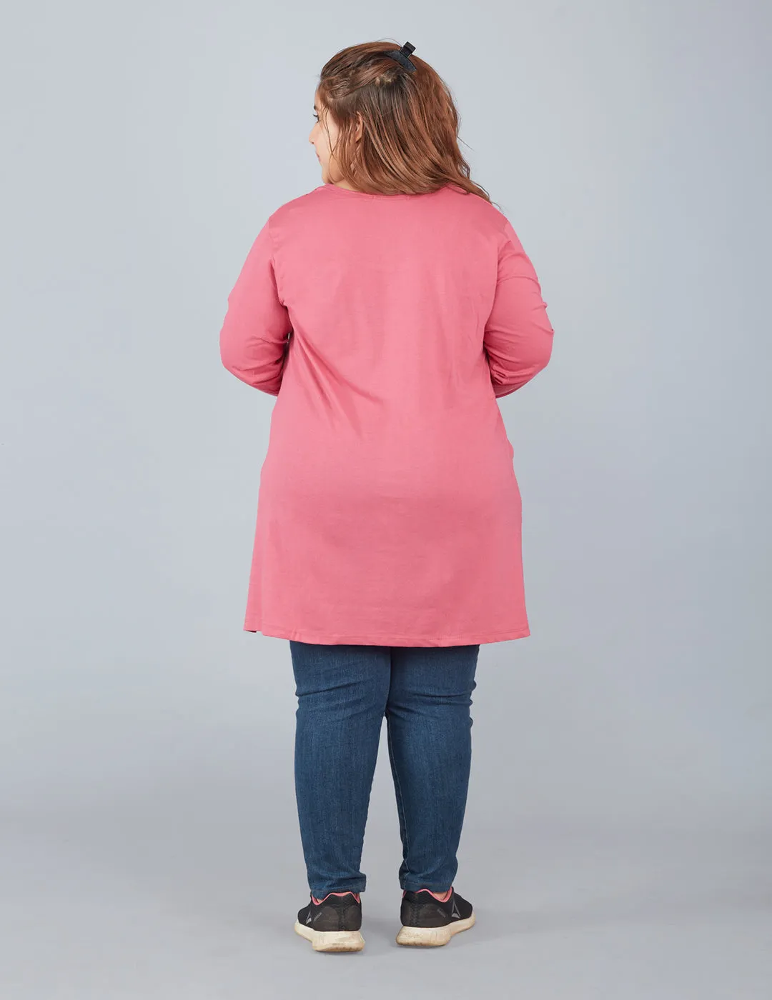 Cotton Long Top for Women Plus Size - Full Sleeve - Rosy Pink