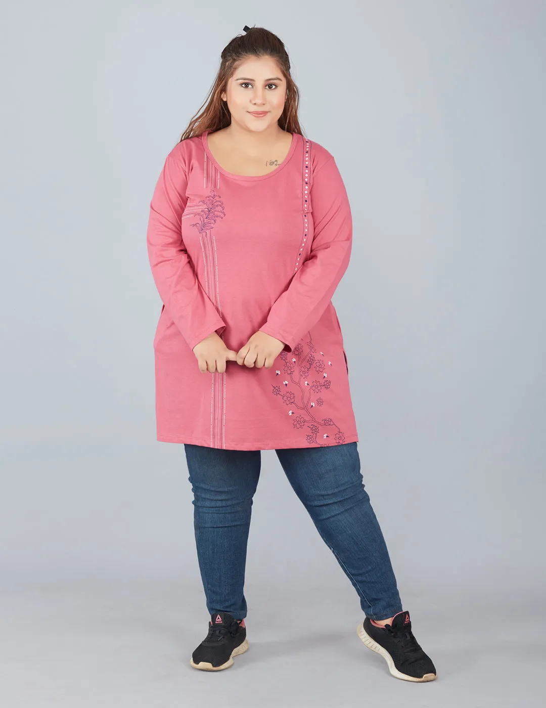 Cotton Long Top for Women Plus Size - Full Sleeve - Rosy Pink